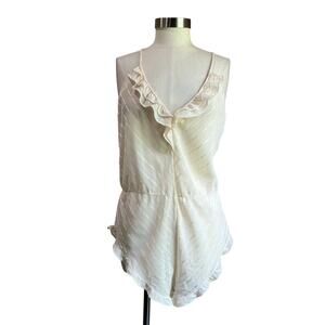 Vintage Barbizon Cream Teddy Romper Ruffle V Neck Lingerie Sz Large